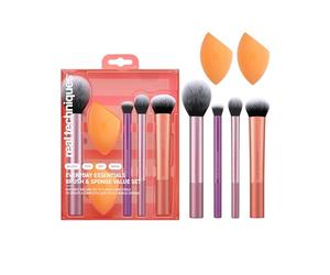 Real Techniques Kit Everyday Essentials, 6 pièces, 4 pinceaux maquillage + 2 éponges teint, application fond de teint, fard à joues, estompage précis, finition naturelle