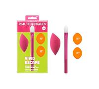 Real Techniques Vivid Escape Bright Eyes Lot de 4 correcteurs à 1 pinceau de maquillage en patte de chaton, 1 houppette à poudre, 1 éponge de maquillage anti-cernes, à transport facile, écologique