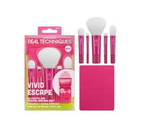 Real Techniques Vivid Escape Glow-To-Go Lot de 6 pinceaux de maquillage de voyage pour fard à paupières, correcteur, contour et blush, comprend un étui à maquillage miroir, sans cruauté envers les