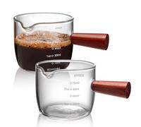 Realand Lot de 2 verres à shot expresso de 75 ml, bec unique avec poignée en bois et ouverture en forme de V, tasses à expresso en verre transparent, accessoires pour expresso