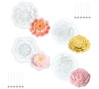 Realand Lot de 4 moules à bougies en silicone en forme de fleur, pivoine, marguerite, hibiscus, lotus, fabrication de bougies, cire, savon, résine époxy pour travaux manuels avec 12 mèches