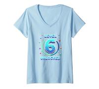 Réalisation de Jeu rétro débloquée de Niveau 6 T-Shirt avec Col en V, Femme, Bleu Céleste, M