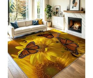 Réalisme 3D Tapis de Salon Lavable en Machine 80 x 150 cm, Tapise antidérapant, Tapis de Chambre Style Champ De Fleurs Tournesols Jaunes Papillons pour Le Salon, la Chambre et la Cuisine, Jaune