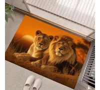 Réalisme Sauvage Paillasson D'Entrée Discret Absorbant - 90 x 150 cm - Antidérapant -Portrait Lion Au Coucher du Soleil Tapis De Sol pour Entrée d'animaux Salle De Bain - Orange Chaud