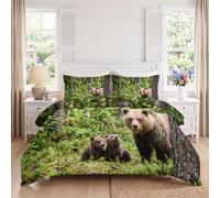 Réaliste Set Housse de Couette 90 x 190 avec Fermeture Éclair | Brun Vert Microfibre Parure de Durable Résistante Décoloration Forêt Animaux Ours Brun Ensemble de Housse de Couette