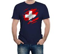 Reality Glitch Torn Switzerland Flag Mens T-Shirt (Navy Blue, L)