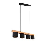 Reality - Suspension 4 flammes bois naturel - Hauteur réglable, tissu noir/or, 4xE14, 150x75x12 cm