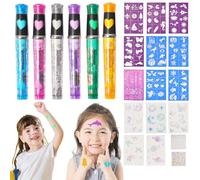 Realjoy 6 Stylos Tatouage Enfants, Ensemble de Tatouages Pailletés avec 9 Pochoirs, 2 Autocollants en Diamant, 5 Autocollants Lumineux, pour Garçons Filles, Halloween, Noël, Carnaval, Anniversaire