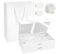 Realjoy Boite a Cadeau avec Couvercle,23 x 17 x 7cm Boîte Cadeau Vide Pliable,Boite Cadeau avec Noeud,Cartes de Vœux et Raphia pour Mariages,Anniversaires,Saint-Valentin et Noël（Blanc）