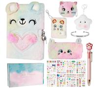 Realjoy Journal Intime Fille, Cahier en Peluche, Journal Intime avec Cadenas,Trousse de Papeterie, Stylo à Bille, Bracelet, Autocollant, Cadeau D'anniversaire pour les Filles de 7 8 9 10 11 12 13 Ans