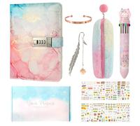 Realjoy Journal Intime Fille de 7 8 9 10 11 12 13 Ans, Journal Intime avec Cadenas,A5 en Cuir PU,Cahier Secret pour Fille,Carnet Secret avec Cadenas, Autocollants, Stylo, Trousse, Bracelet