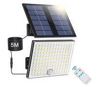 Realky Lampe solaire d'extérieur avec télécommande - Avec détecteur de mouvement - Étanche IP65 - Avec câble de 5 m - Pour garage, jardin, cour, marches, portes d'entrée, pelouse - 1 pièce - Blanc