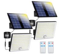 Realky Lot de 2 lampes solaires d'extérieur avec télécommande - Avec détecteur de mouvement - Étanche IP65 - Avec câble de 5 m - Pour garage, jardin, cour, marches, portes d'entrée, pelouse - Blanc