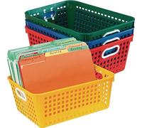 Really Good Stuff Lot de 4 paniers de rangement en plastique pour salle de classe ou usage domestique - empilables en maille plastique avec poignées - Couleurs primaires assorties - 33 x 25,4 cm