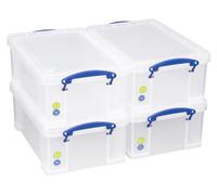 Really Useful Box Lot de 4 boîtes de rangement empilables en plastique transparent de 9 litres, avec couvercle et poignées à clip de verrouillage, idéales pour la maison, le bureau, l'école et les