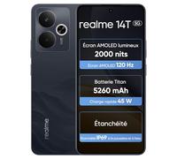 realme 14T 5G Smartphone 8+256 Go, Chipset Dimensity 6300, Écran Esports AMOLED 120 Hz de 6,67", capacité Super Large de 5260 mAh, IP69 étanche, Surf Design,Next AI,Obsidienne Noire (sans Adaptateur)