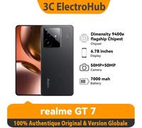 Realme GT 7, Chipset phare 5G Dimensity 9400e, 6,78 pouces, Refroidisseur à 120Hz, Charge rapide 120W, 7000mAh, 50MP 2X, IP69 12 + 256 Go Noir