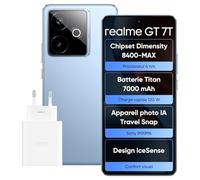 realme GT 7T Smartphone, 5G, Double SIM, 12Go de RAM, 256Go de ROM, écran AMOLED de 6,8",chipset Phare Dimensity 9400e, Batterie Titan de 7000mAh,Appareil Photo 50Mpx,IceSense Bleu,Adaptateur Inclus