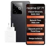 realme GT 7T Smartphone, Double SIM, 12Go de RAM, 512Go de ROM, écran AMOLED de 6,8",chipset Phare Dimensity 9400e, Batterie Titan de 7000mAh,Appareil Photo 50Mpx,IceSense Noir, Adaptateur Inclus