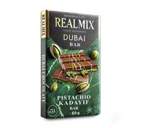 REALMIX Chocolat au Lait | Véritable chocolat au lait garni de pistaches et kadaïf croustillant | Fabriqué à Dubaï U.A.E. | 60g