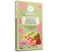 REALMIX Chocolat Blanc Matcha Tokyo Style Fourré Fraise - Tablette 100g Fabriquée à Dubaï avec Matcha Japonais Authentique - Gourmandise Premium (100g, Chocolat Vert Matcha et Fraise)