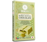 REALMIX Chocolat de Dubaï au Matcha Japonnais, Fourré au Coulis Pistache, Tablette Fabriquée à Dubaï (U.A.E.), Expérience Gourmande de Thé Vert & Crème de Pistache (100g, Chocolat Vert Matcha)