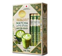 REALMIX Matcha Japonais Authentique - Latte Sticks Onctueux, Thé Vert, 24 Sticks de 16g, Boisson Instantanée Chaude ou Glacée - Thé Vert Matcha Authentique & Lait Crémeux