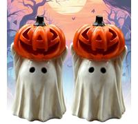 REALOKMAN Spooky Ghost with Pumpkin Statue, Halloween Ghost Figurine, Cute Display Ornament Tiny Trick Or Treat Ghosts Resin for Indoor, Porch, Home and Office Tabletop Decor Supplies