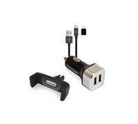 RealPower 168182 Chargeur Auto Smartphone 2x USB 2.0 2.4A Noir/Argent Câble Micro-USB 1m Allume-cigare CE/RoHS