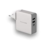 RealPower DeskCharge-65 Travel Chargeur Secteur Universel 65W Gris - 2x USB 3.2 Gen 1 Type-A, 1x USB Type-C, 9-20V, Fiches EU/UK/US incluses