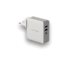 RealPower DeskCharge-65 Travel Chargeur Secteur Universel 65W Gris - 2x USB 3.2 Gen 1 Type-A, 1x USB Type-C, 9-20V, Fiches EU/UK/US incluses