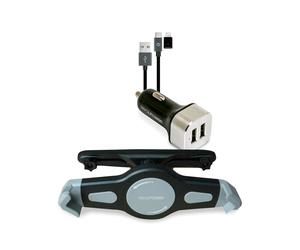 RealPower Kit Auto Tablette/UMPC Support Actif USB Charge Rapide, Fixation Pare-Brise ou Tableau de Bord, Orientation Portrait/Paysage, Noir/Argent, In ble Micro-USB