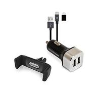 REALPOWER Mobile Car Set, Smartphone Holder, 2-Port USB Car Charger, Micro USB to Lightning Adapter, for iPhone, Samsung Galaxy/Note/S9, HTC, LG, Tablets, Power Banks & More, Black