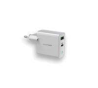 RealPower PC-20 Chargeur Secteur USB-A 3.2 Gen 1 + USB-C 20W Quick Charge pour Smartphone/Tablette, Protections Surtension/Surchauffe/Court-circuit, Blanc