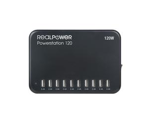 RealPower Power Station 120 : Station de charge Secteur Intérieure - 10 Ports USB 2.0 - 120W - Protection Surtension/Surchauffe/Court-circuit