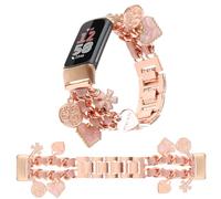 REALSIGN Bracelet élégant en métal compatible avec Fitbit Charge 6/Charge 5 pour femme, bracelet à chaîne cubaine avec pendentifs uniques en forme d'arbre de vie (fleur or rose)