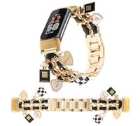 REALSIGN Bracelet élégant en métal compatible avec Fitbit Charge 6/Charge 5 pour femme, joli bracelet avec pendentifs uniques pour bracelet à breloques pour tracker d'activité (doré + cuir noir)