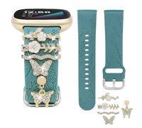 REALSIGN Bracelet élégant en silicone avec boucles décoratives gravées florales compatibles avec Fitbit Versa 3/Versa 4/Sense/Sense 2 pour femme (fleur dorée/verte)