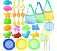 Realspring Lot de 3 jouets de plage pliables de 18 pièces avec tamis à sable, seau pliable, sac de plage en maille, kit d'outils rétractables pour les activités estivales (vert, jaune, bleu)