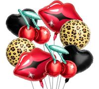 Realspring Lot de 8 ballons en aluminium noir et rouge, imprimé cerise, lèvres rouges, motif guépard et ballons en forme de cœur noir pour enterrement de vie de jeune fille, anniversaire de femme