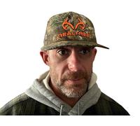 Realtree RT Edge Blaze Orange Antler Logo Camo Trucker Cap Hat Camouflage Mesh Snap Back Mid Profile Flat Bill Wicking Sweatband 6-Panel Structured Modern Trucker Mid Crown Hat, Camouflage Realtree