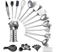 ReaNea Ensemble d’ustensiles de cuisine en acier inoxydable 40 pièces avec porte-ustensiles, gadgets de cuisine, essentiels de cuisine, ensemble de spatules en métal