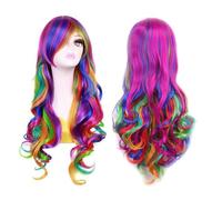 Reapyyt Lady Arc-En-Ciel Longues Perruques Bouclées Mode Cosplay Costume Cheveux Anime Pleine Perruque de Fête Ondulée 70 cm