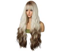 Reapyyt Perruque de Cheveux Blancs Argentés Teints en Marron, 80 Cm, Cheveux Longs et Bouclés, Perruque Moyenne, Frange en Fibre Ondulée