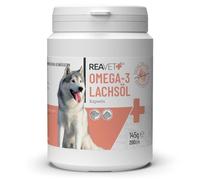 ReaVET Capsules d'huile de Saumon Chien 200 pièces, Huile oméga 3 Chien I Capsules d'huile de Saumon Chien I Huile de Poisson à Haute Dose Chien en qualité Alimentaire