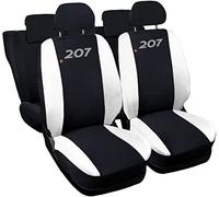 Rebeca Shop® Housses de sièges de voiture compatibles 207 | Fabriqué en Italie | Ensemble de housses de sièges avant et arrière | Logo brodé | Compatible avec airbag | Intérieur (Noir/Blanc)
