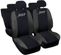 Rebeca Shop® Housses de sièges de voiture compatibles 207 | Fabriqué en Italie | Ensemble de housses de sièges avant et arrière | Logo brodé | Compatible avec airbag | Intérieur (Noir/Gris foncé)