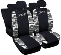 Rebeca Shop® Housses de sièges de voiture compatibles 207 | Fabriqué en Italie | Ensemble de housses de sièges avant et arrière | Logo brodé | Compatible avec airbag | Intérieur (Noir/Camouflage Gris)