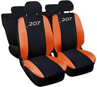 Rebeca Shop® Housses de sièges de voiture compatibles 207 | Fabriqué en Italie | Ensemble de housses de sièges avant et arrière | Logo brodé | Compatible avec airbag | Intérieur (Noir/Orange)