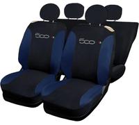 Rebeca Shop® Housses de sièges de voiture compatibles avec Cinquecento 500, fabriquées en Italie, en tissu polycoton, ensemble avant et arrière (Noir/Bleu, Arrière intégral avec logo)